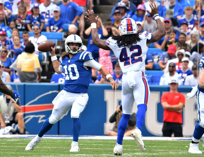 Williams attempts to get in the way of Indianapolis Colts quarterback Gardner Minshew.